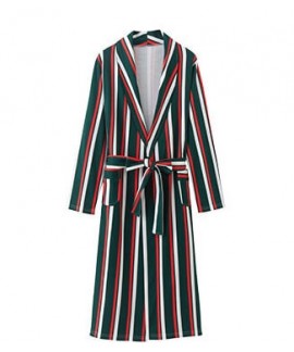 New Women Cotton Spring Autumn Nightgowns Striped Sweet Homewear Pockets Bathrobe Pajamas Long Warm Sleepwear