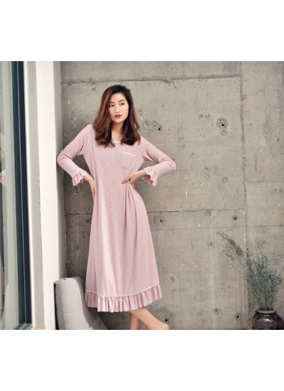 Spring Summer Lotus Leaf Sleepwear Womens Modal Cotton Nightgown Naked Sleeping Long Sleeve Home Dress