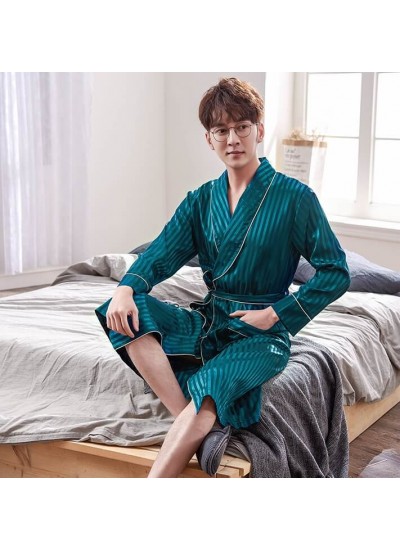 New Mens Striped Nightgown Spring Autumn Plus Size Silk Pajamas Kimono Summer Male Chinese Silk Bathrobe