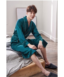 New Mens Striped Nightgown Spring Autumn Plus Size Silk Pajamas Kimono Summer Male Chinese Silk Bathrobe