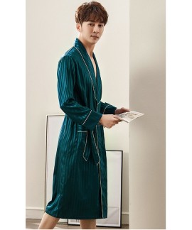 New Mens Striped Nightgown Spring Autumn Plus Size Silk Pajamas Kimono Summer Male Chinese Silk Bathrobe