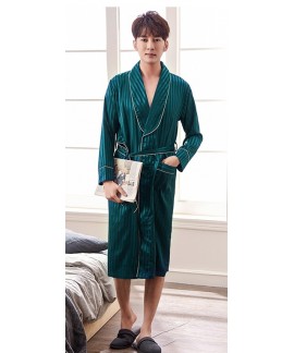 New Mens Striped Nightgown Spring Autumn Plus Size Silk Pajamas Kimono Summer Male Chinese Silk Bathrobe