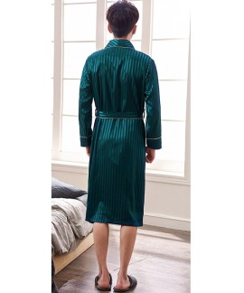 New Mens Striped Nightgown Spring Autumn Plus Size Silk Pajamas Kimono Summer Male Chinese Silk Bathrobe