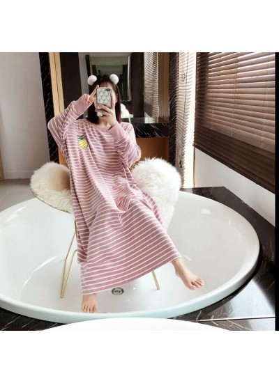 Spring Autumn Women Cotton Nightdress Long Sleeve Nightshirt Plus Size Dress Round Neck Loose Home Striped Nightgowns