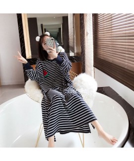 Spring Autumn Women Cotton Nightdress Long Sleeve Nightshirt Plus Size Dress Round Neck Loose Home Striped Nightgowns