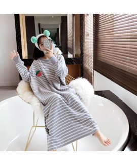 Spring Autumn Women Cotton Nightdress Long Sleeve Nightshirt Plus Size Dress Round Neck Loose Home Striped Nightgowns