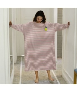 Spring Autumn Women Cotton Nightdress Long Sleeve Nightshirt Plus Size Dress Round Neck Loose Home Striped Nightgowns