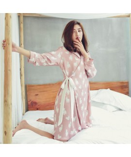 Simulated Silk Nightdress Kimono Bath Robe Autumn Spring Long Sleeve Sexy Robe Womens Nightwear Dressing Gown