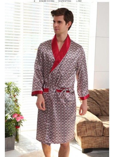 Mens Fashion Luxurious Silk Printed nightgown Summer Autumn Spring Long-Sleeve Thin Bathrobe Soft Satin Pajamas