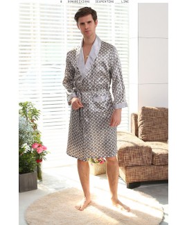 Mens Fashion Luxurious Silk Printed nightgown Summer Autumn Spring Long-Sleeve Thin Bathrobe Soft Satin Pajamas