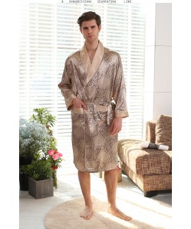 Mens Fashion Luxurious Silk Printed nightgown Summer Autumn Spring Long-Sleeve Thin Bathrobe Soft Satin Pajamas