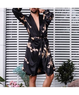 Men's Long Sleeve Slim Fit Casual Silk Nightgown P...