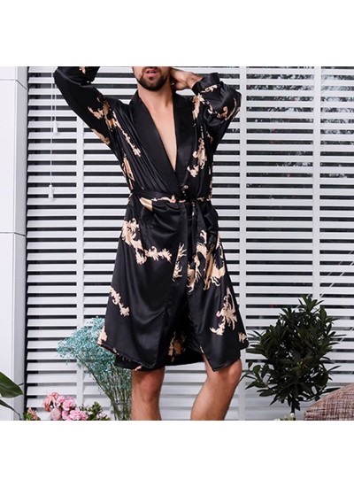 Men's Long Sleeve Slim Fit Casual Silk Nightgown Print Pajamas Fashion Soft Sleepwear