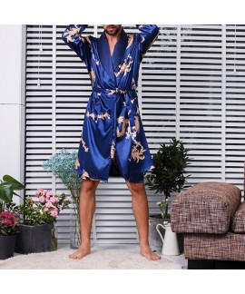 Men's Long Sleeve Slim Fit Casual Silk Nightgown Print Pajamas Fashion Soft Sleepwear