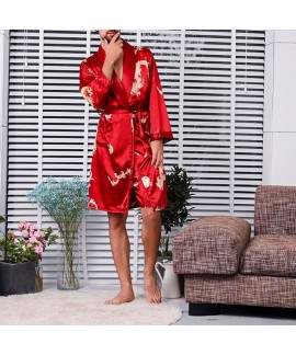 Men's Long Sleeve Slim Fit Casual Silk Nightgown Print Pajamas Fashion Soft Sleepwear