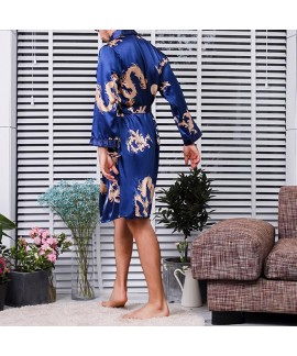 Men's Long Sleeve Slim Fit Casual Silk Nightgown Print Pajamas Fashion Soft Sleepwear