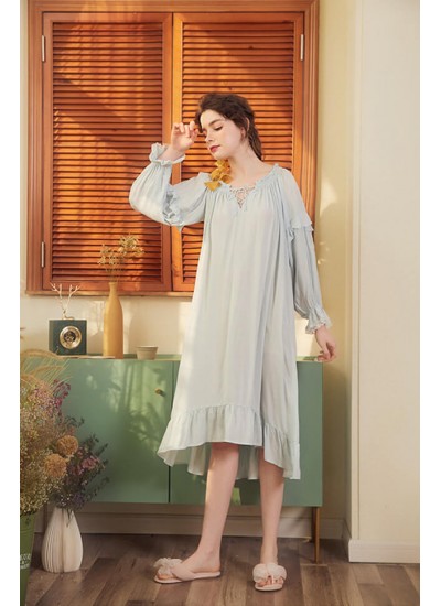 Bathrobe Female 100% Cotton Nightgowns Women Night Wear Vintage Ruffled Sleepwear Honeymoon Nightdress Indoor Clothing                                                                                                                                         