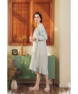 Bathrobe Female 100% Cotton Nightgowns Women Night Wear Vintage Ruffled Sleepwear Honeymoon Nightdress Indoor Clothing                                                                                                                                         