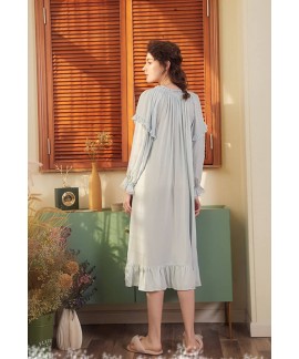 Bathrobe Female 100% Cotton Nightgowns Women Night Wear Vintage Ruffled Sleepwear Honeymoon Nightdress Indoor Clothing                                                                                                                                         