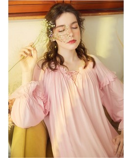 Bathrobe Female 100% Cotton Nightgowns Women Night Wear Vintage Ruffled Sleepwear Honeymoon Nightdress Indoor Clothing                                                                                                                                         