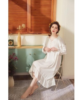 Bathrobe Female 100% Cotton Nightgowns Women Night Wear Vintage Ruffled Sleepwear Honeymoon Nightdress Indoor Clothing                                                                                                                                         