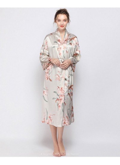 New Thin Ice Silk Milan Printing Robe Fresh and Sweet Night Gown Womens Long Spring Summer Home Dress