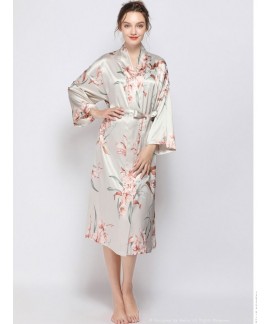 New Thin Ice Silk Milan Printing Robe Fresh and Sweet Night Gown Womens Long Spring Summer Home Dress