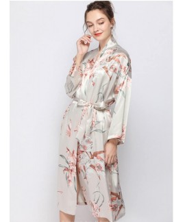 New Thin Ice Silk Milan Printing Robe Fresh and Sweet Night Gown Womens Long Spring Summer Home Dress