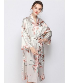 New Thin Ice Silk Milan Printing Robe Fresh and Sweet Night Gown Womens Long Spring Summer Home Dress