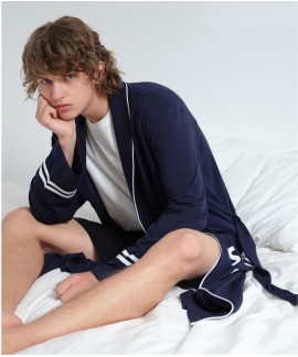 Sport Style Navy Blue Thin Bathrobe Men's Summer C...