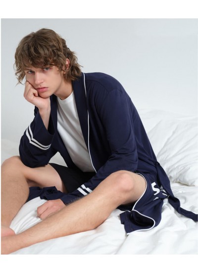 Sport Style Navy Blue Thin Bathrobe Men's Summer Cotton Nightgown Spring Autumn Kimono Long-sleeved Pajama For Men Wholesale