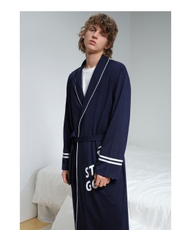 Sport Style Navy Blue Thin Bathrobe Men's Summer Cotton Nightgown Spring Autumn Kimono Long-sleeved Pajama For Men Wholesale