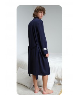 Sport Style Navy Blue Thin Bathrobe Men's Summer Cotton Nightgown Spring Autumn Kimono Long-sleeved Pajama For Men Wholesale