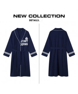 Sport Style Navy Blue Thin Bathrobe Men's Summer Cotton Nightgown Spring Autumn Kimono Long-sleeved Pajama For Men Wholesale