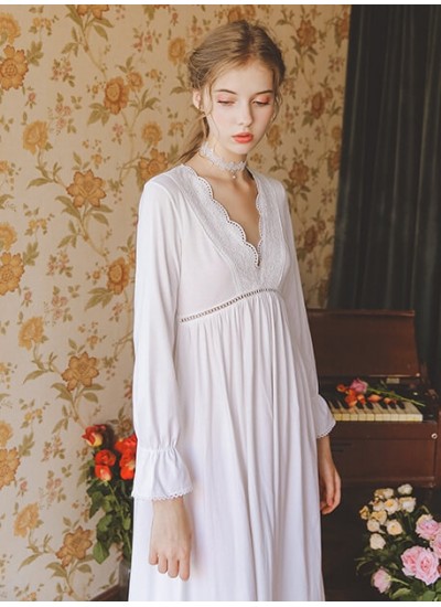 Ladies 100 Cotton Nightgown Spring Autumn Long Sleeve Nightshirts V Neck Sleep Dress White Nightwear ins style