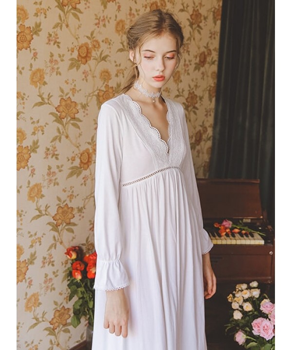 Ladies 100 Cotton Nightgown Spring Autumn Long Sleeve Nightshirts V ...