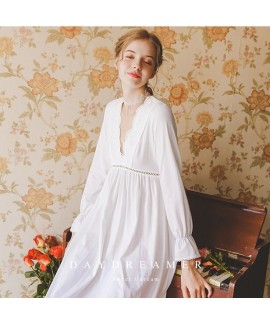 Ladies 100 Cotton Nightgown Spring Autumn Long Sleeve Nightshirts V Neck Sleep Dress White Nightwear ins style