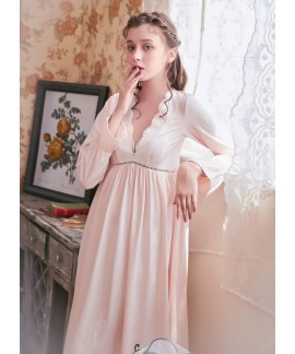 Ladies 100 Cotton Nightgown Spring Autumn Long Sleeve Nightshirts V Neck Sleep Dress White Nightwear ins style