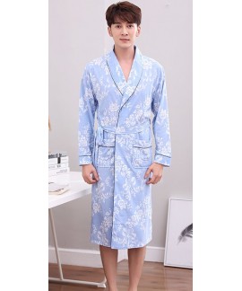 Mens Printing Night Wear Robe 100% Cotton Kimono Bath Robe Long Sleeve Nightgown Spring Autumn