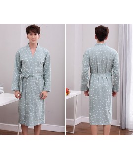 Mens Printing Night Wear Robe 100% Cotton Kimono Bath Robe Long Sleeve Nightgown Spring Autumn