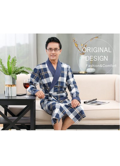 Mens 100% Cotton Knited Robes Plus Size Nightdress Sexy V-neck Bathrobe Male Plaid Pattern Nightgown Loungewear