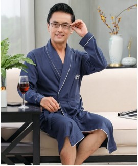 Mens 100% Cotton Knited Robes Plus Size Nightdress Sexy V-neck Bathrobe Male Plaid Pattern Nightgown Loungewear