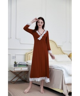 Women Casual V Neck Lace Nightdress Femal Modal Co...