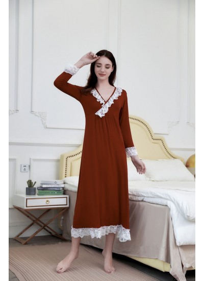 Women Casual V Neck Lace Nightdress Femal Modal Cotton Lingerie Long Sleeve Mid-Calf Nightgown Spring Autumn Homewear
