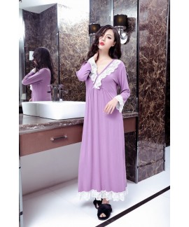 Women Casual V Neck Lace Nightdress Femal Modal Cotton Lingerie Long Sleeve Mid-Calf Nightgown Spring Autumn Homewear