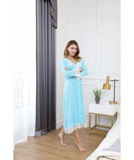 Women Casual V Neck Lace Nightdress Femal Modal Cotton Lingerie Long Sleeve Mid-Calf Nightgown Spring Autumn Homewear