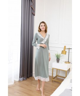 Women Casual V Neck Lace Nightdress Femal Modal Cotton Lingerie Long Sleeve Mid-Calf Nightgown Spring Autumn Homewear