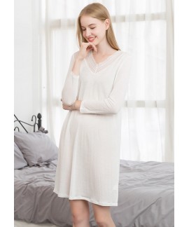 Knitted Silk Lace Sleepwear Long Sleeve Women Night Dress Spring Summer Loose Plus Size Nightgown Pijamas