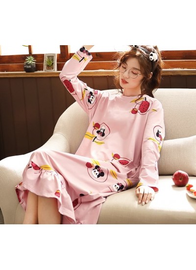 New Woman Cotton Nightdress Long Sleeve Spring Fall Printing Nightgown Loose Size Ruffle Hem Pajamas 