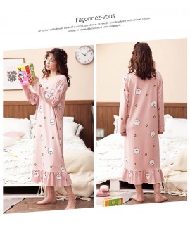 New Woman Cotton Nightdress Long Sleeve Spring Fall Printing Nightgown Loose Size Ruffle Hem Pajamas 